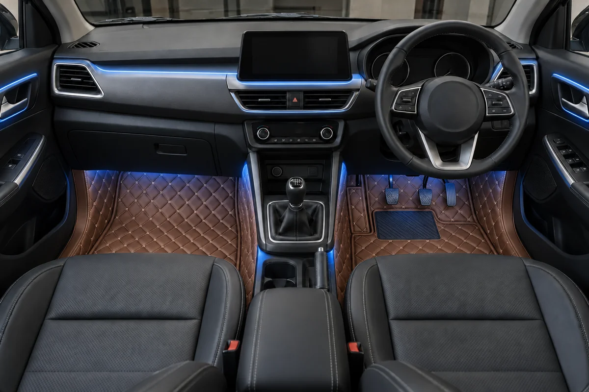 Soft ambient lighting along a dashboard and door trim in a generated interior concept
