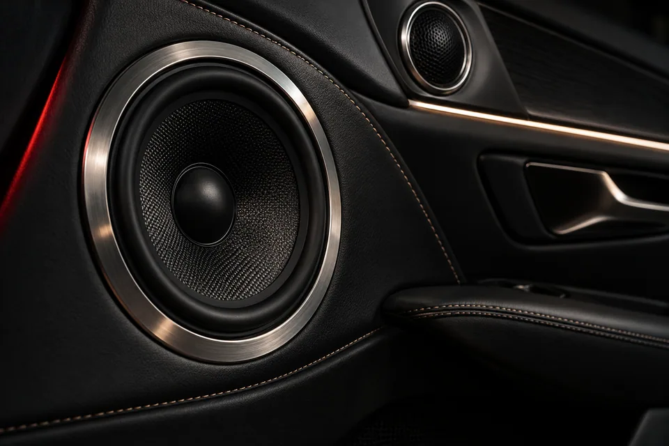 Precision speaker cone and stitched door trim, generated sound-system design concept