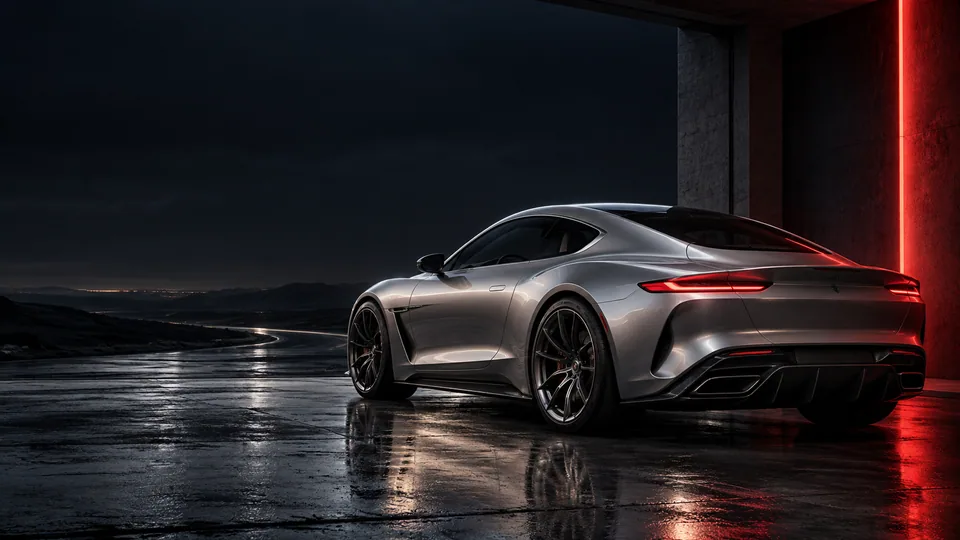 Silver coupe with red taillights at the threshold of a midnight atelier, generated closing campaign concept