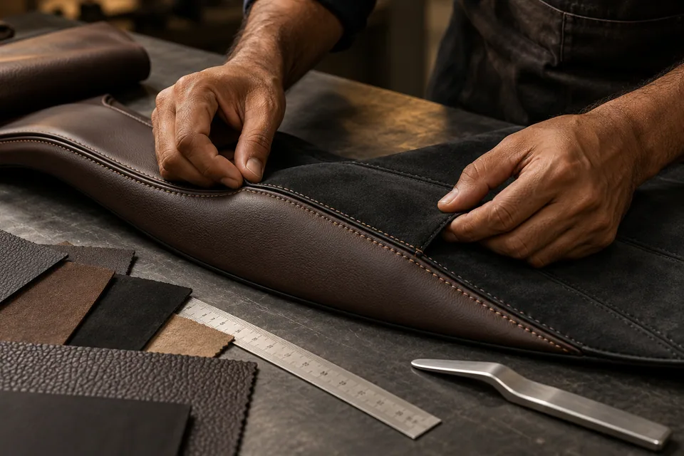 Hands carefully aligning leather trim and materials at a workbench, generated editorial craft illustration
