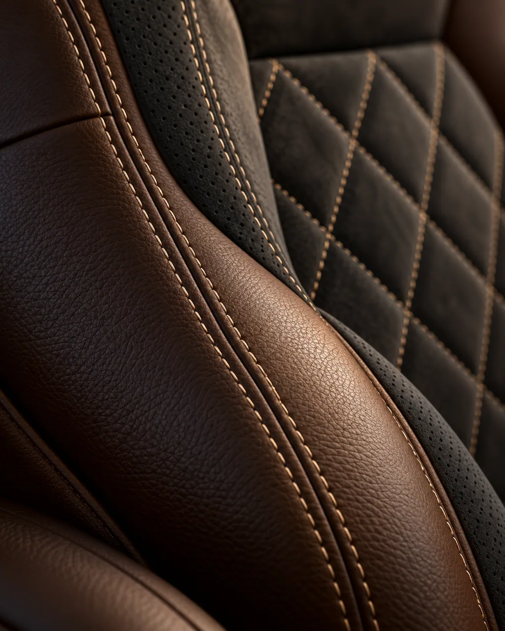 Macro of espresso leather, perforated Alcantara and champagne stitching, generated material study