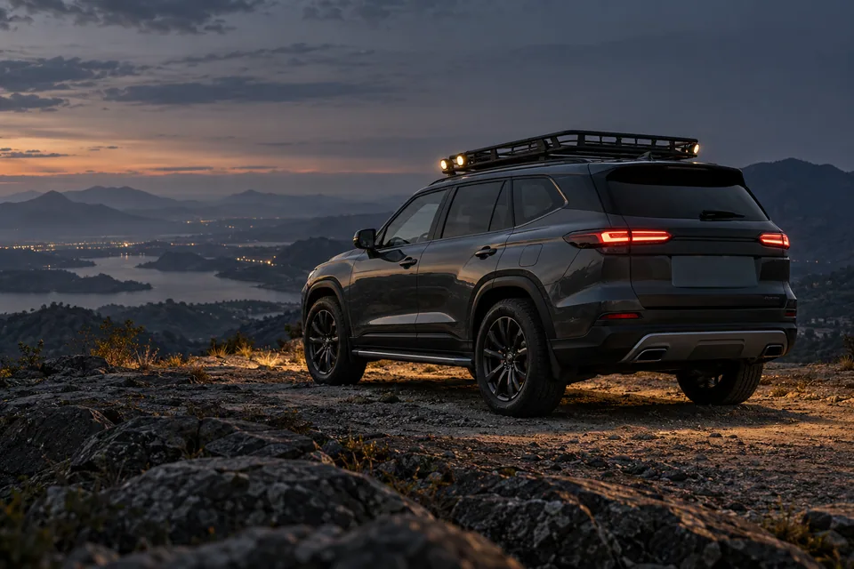 Graphite SUV with a roof basket and driving lights in a highland landscape, generated utility concept